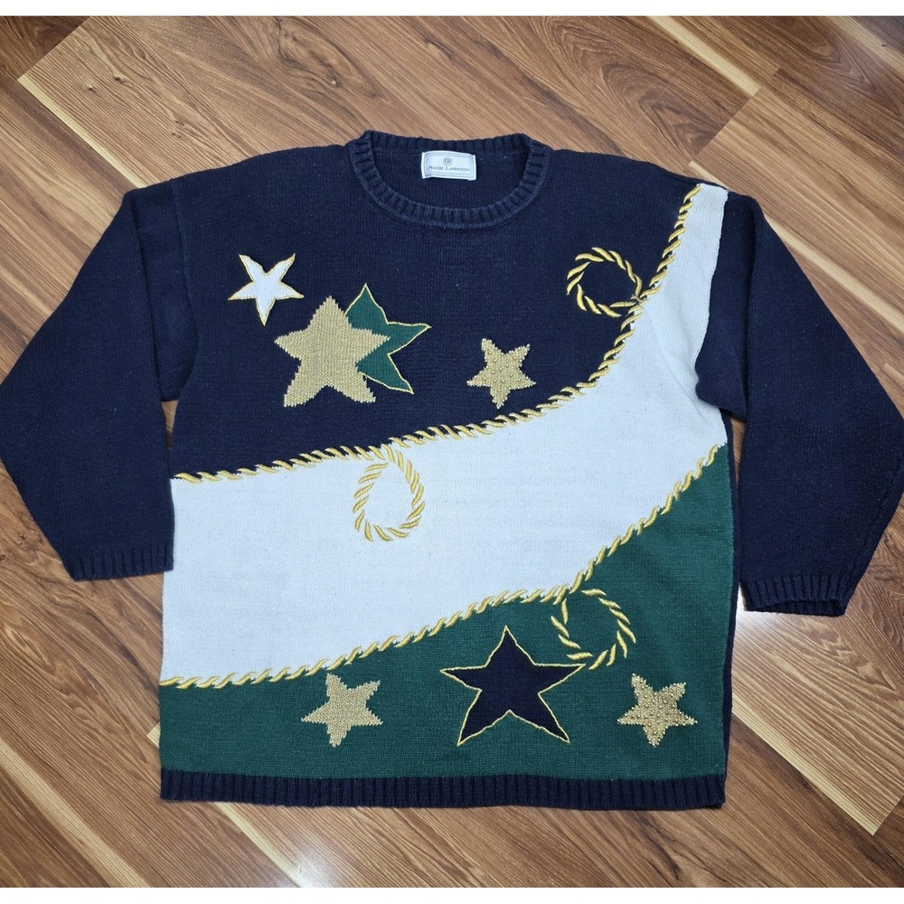 Vtg Maggie Lawrence Sweater Women XL Oversize Colorblock Star Old Money Nautical